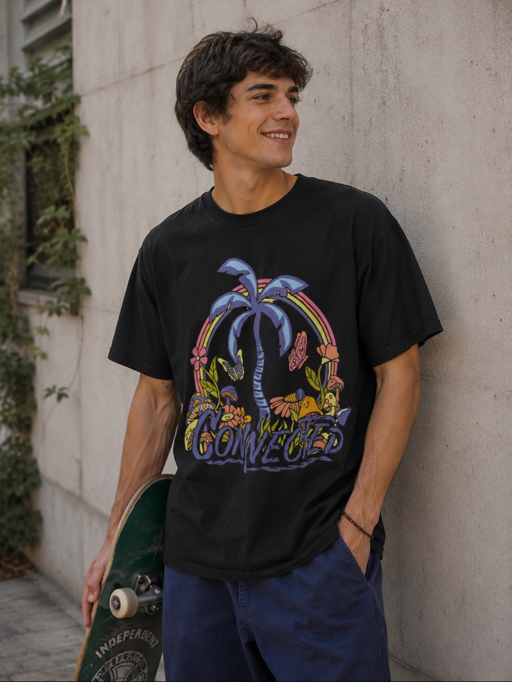 Connected Cannabis co.  Men's Black Short-Sleeve Graphic Tee with Colorful Palm